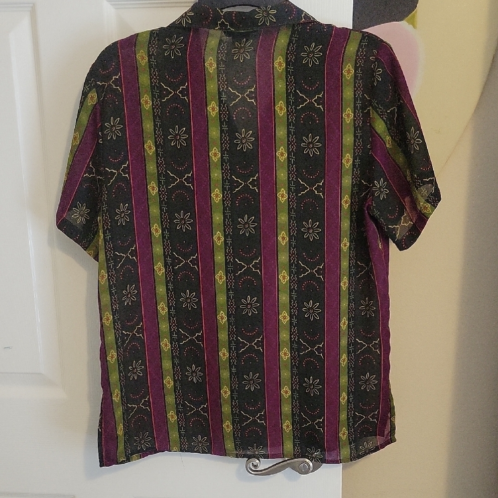 impressions Vintage SzMed Multicolor Floral Stripe Button Down Collared Shirt - Picture 3 of 4